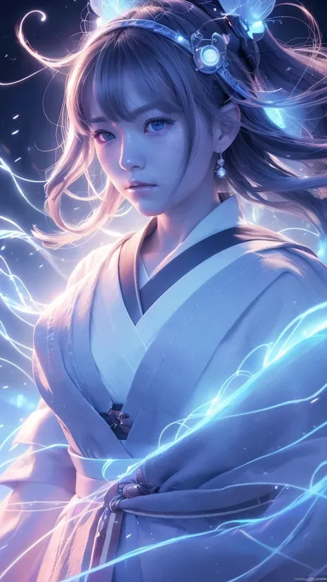 (((8k))), (((High resolution))),((Highest quality)),Beautiful Shrine Maiden,shrine,Upper body only,Face close-up,Beam from the right,BATTLE MODE, A blue aura swirling around the body,fog,Mysterious atmosphere,Serious face,Ultra-realistic,8k,Ultra-fine,Very...