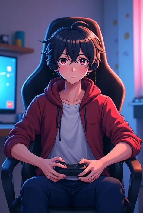 Anime 25 years old boy sitting on gaming chair show with front view