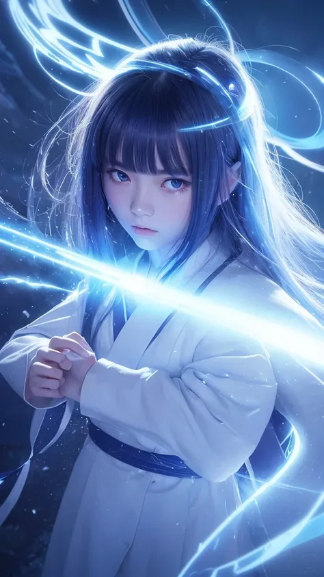 (((8k))), (((High resolution))),((Highest quality)),Beautiful Shrine Maiden,shrine,Upper body only,Face close-up,Beam from the right,BATTLE MODE, A blue aura swirling around the body,fog,Mysterious atmosphere,Serious face,Ultra-realistic,8k,Ultra-fine,Very...