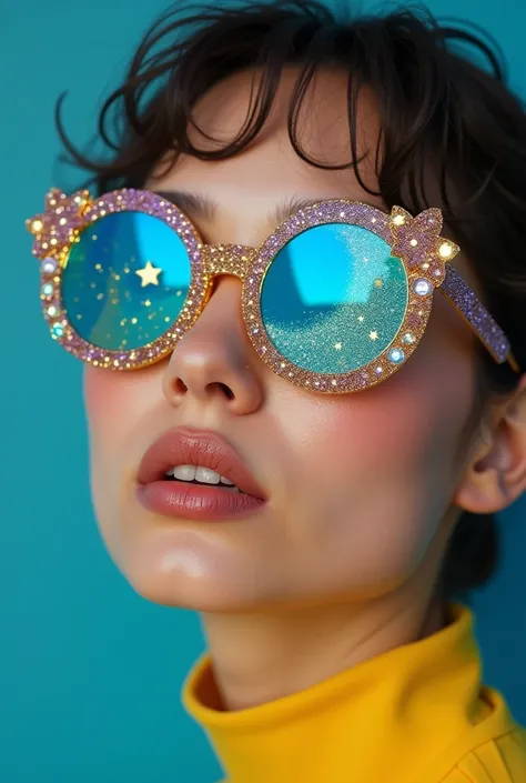 model wearing vitreous sunglasses with star and moon in the glass, in the style of dark sky-blue and light yellow, minimalist pen lines, fairy kei, use of precious materials, vibrant and lively hues, captivating, glitter 