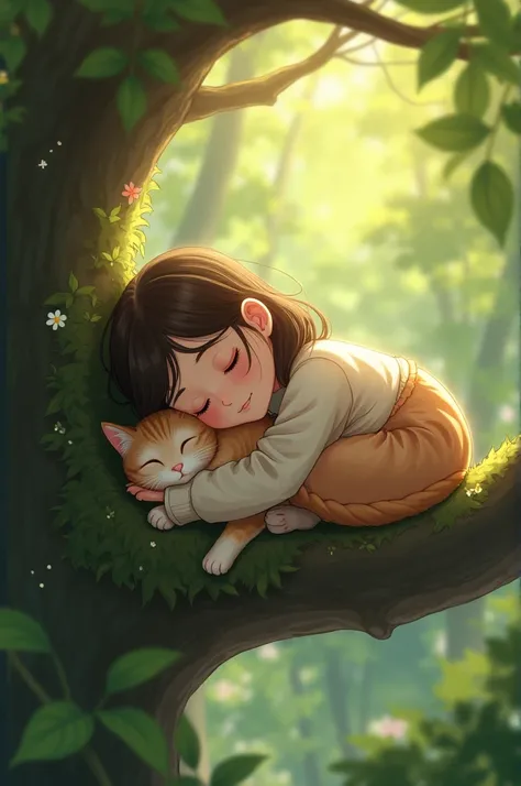 A cat sleep with a girl on a tree