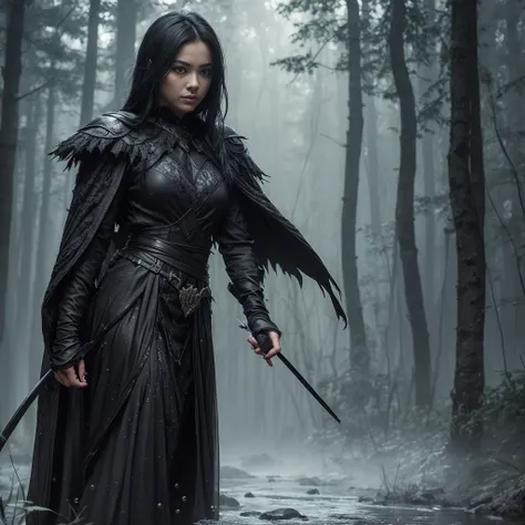 In the realm of dark fantasy, a captivating figure with raven-black hair stands against the backdrop of a forest, subtly turning their back to the audience. The characters features are highlighted by the soft, eerie glow emanating from the cloudy sky above...