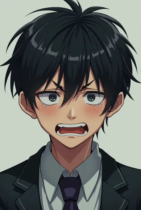 Draw an illustration of a black-haired boy crying！Age: about second year high school student。wearing a school uniform、I&#39;m crying in frustration。Her face is not cute、Cool type。