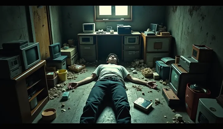 a man lying on the floor of his room, hakikomori room design, underground, lots of items, dirty, dark light, super detailing, cinematic light, Wong kar-vai style