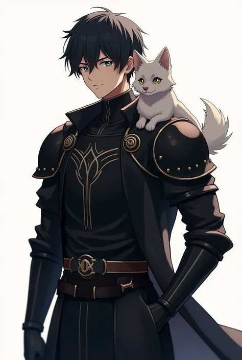 Create an image of Yuta Tenjou with short black hair and black armor, showing him with a confident expression and his little pet dog, Night, by your side or on your shoulder, with a simple and clean background