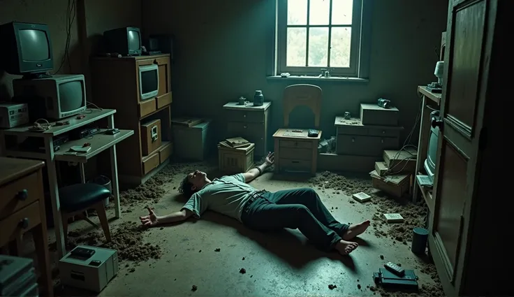 a man lying on the floor of his room, hakikomori room design, underground, lots of items, dirty, dark light, super detailing, cinematic light, Wong kar-vai style