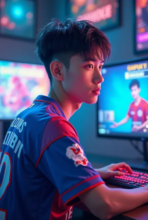 A young man mobile gamer wearing esports jersy with a name "QaLipian" at the back.