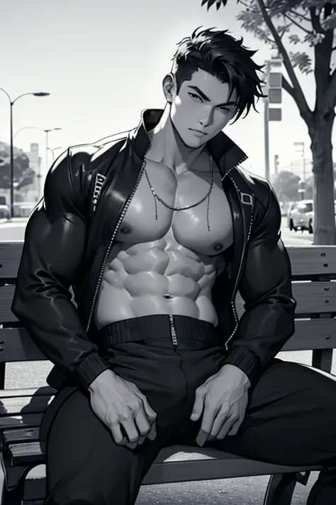 Monochrome、Black and White、A muscular man in a jumpsuit is sitting on a park bench and looking at the camera、belly button、