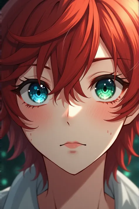 Attractive anime boy with red hair, Curly and shoulder-length. One eye is blue while the other is green.. Fair skin and has freckles on his face