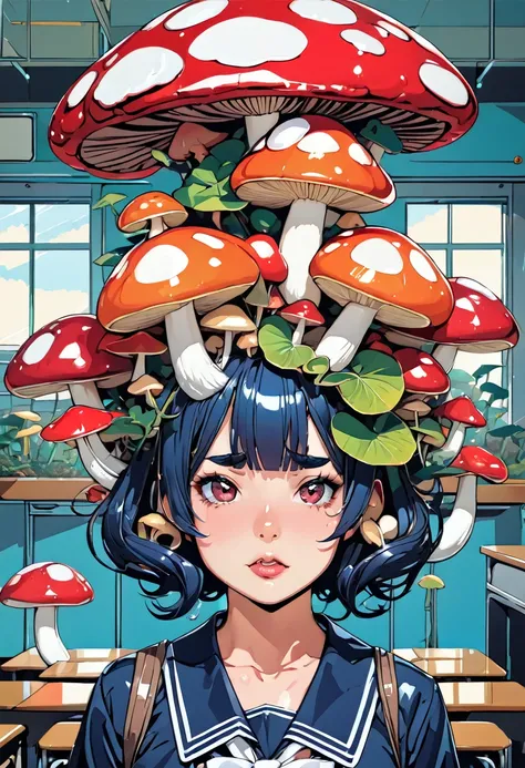 (masterpiece, best quality), (ultra highres, ultra-detailed),pop-art style,(japanese girl with mushrooms growing on her head),mushrooms hat,summer school-uniform,classroom,shiny skin,absurdity, extraordinary, BREAK (girl,16yo,detailed face,(darkblue wavy-s...