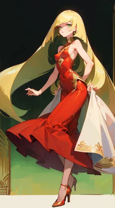 ((Highest quality)), ((masterpiece)), (Familiar), Lusamine,thin,thin,Long blonde hair,Small breasts,Small breasts,Erect nipples,Adult female,Green Eyes,Slanted Eyes,Sleeveless dress,Red dress,Gold embroidery,High heels,Fascinating,Long skirt,White shawl,Gr...