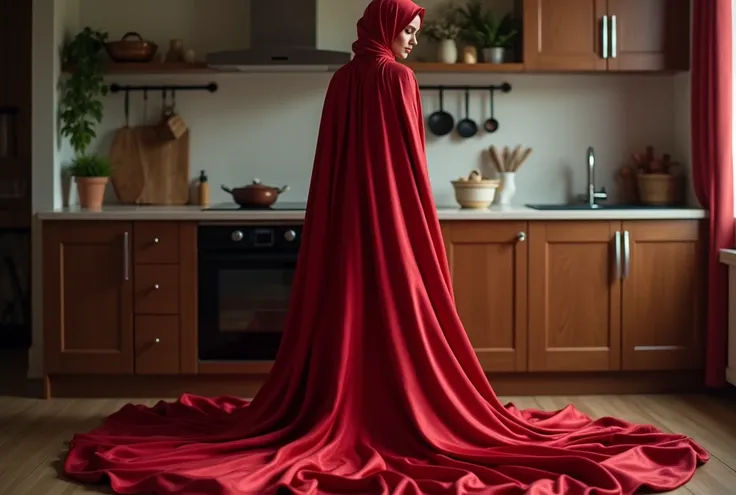 An alluring woman shrouded in a 4-meter-long, shine and soft red satin cloth, tightly bound and grandly draping along the form of her body, flowing off into a pooled floor-length train, styled in a mermaid-inspired outfit, her head modestly veiled in a sat...