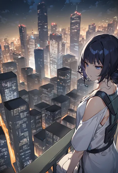 Motoko from Ghost in the Shell looks down on the skyscrapers at night from the rooftop of a high-rise apartment building