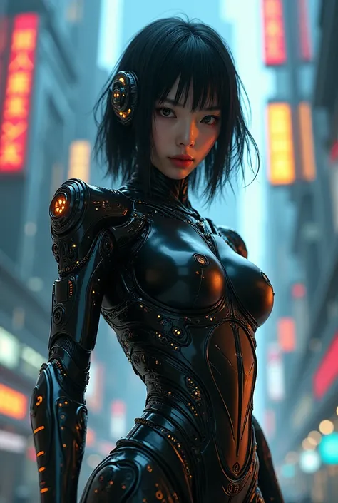 A japanese woman with cybernetic implants, hyperrealistic cyborg, dramatic lighting, glowing neon lights, futuristic architecture, advanced technology, hyper-detailed, cinematic composition, dramatic pose, intricate details, rich colors, moody atmosphere, ...