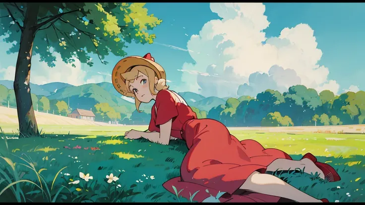 portrait art style, ghibli, artistic portrait style, contrasting colors, (masterpiece,best quality), (summer day), Blue sky and white clouds, 1girl, solo, blonde hair, short hairstyle, beautiful red dress, (lying a straw hat with a bow), lying on her back ...