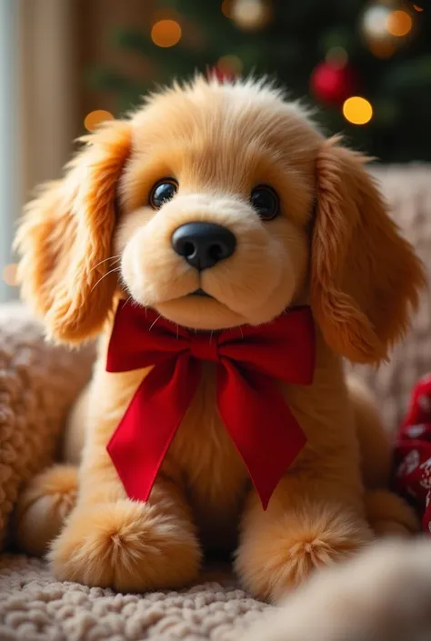 A stuffed golden retriever with a red ribbon around its neck