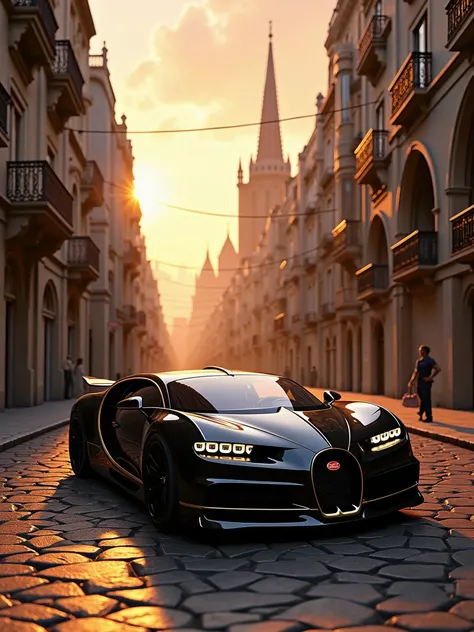 the Bugatti La Voiture Noire driving through an ancient yet developed city street. The scene combines historical architecture with modern elements, highlighted by the warm glow of a sunset. Let me know if you need anything else!