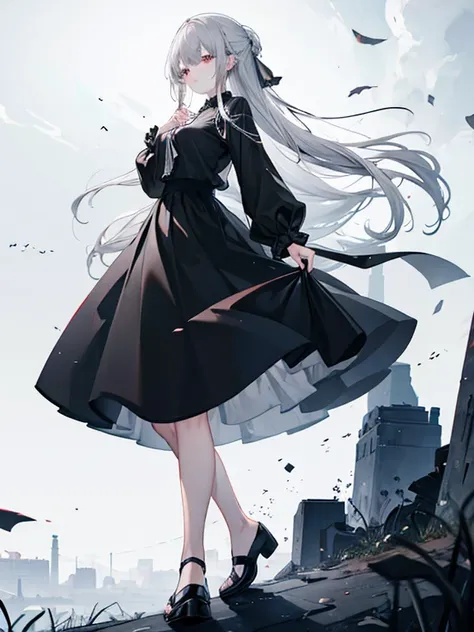 Girl　long grey hair　black Mourning clothes　skirt　Droopy eyes