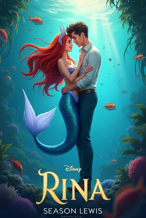 A poster for the show "Rina" Season 2
Rina is a mermaid with blue tail, top, ears and crown and red hair and her human boyfriend Lewis 