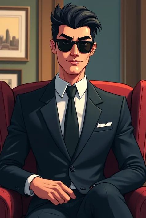 Cartoon enemy character, wearing a suit sit on chair
 Sunglasses and decent  and black hair, mature boy, 20 years years, old 