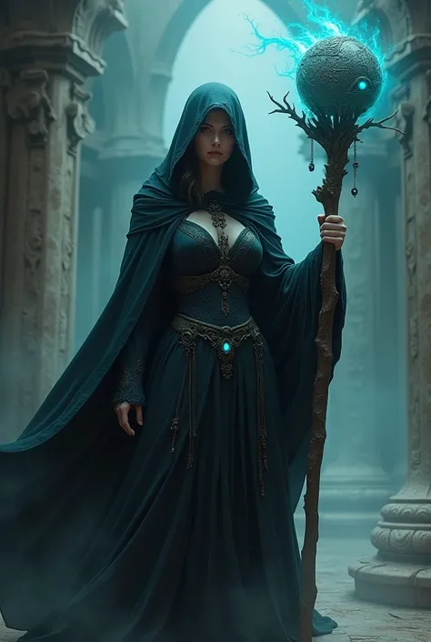 A woman in the black robe with ancient Staff carve with blue emit eyes