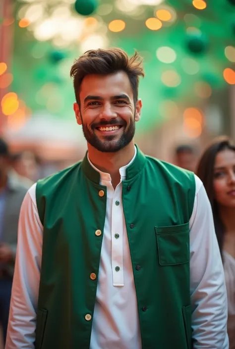 a handsome healthy  man in day light wearing white and green kurta shalwar wirh jacket on independence day, with a backgroun of blur lights and oakistan flag celebration