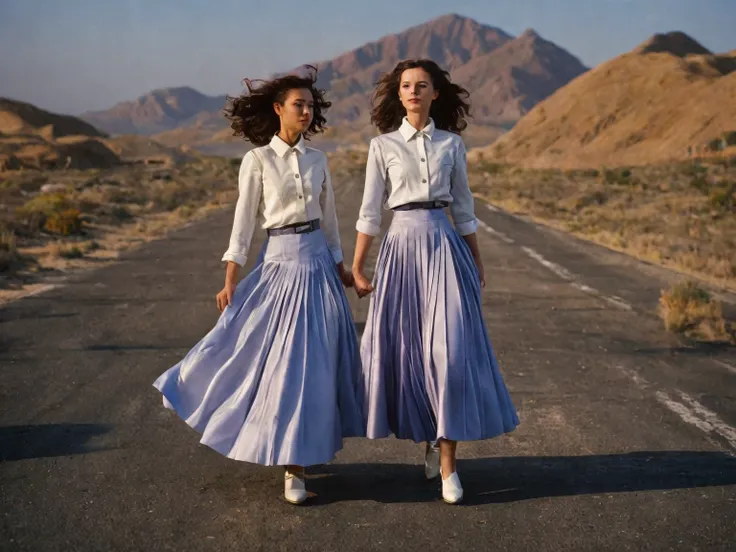 85mm photograph of sapphic space lesbians, commanding spaceships, futuristic worlds, wearing (long pleated full circle skirts), ...