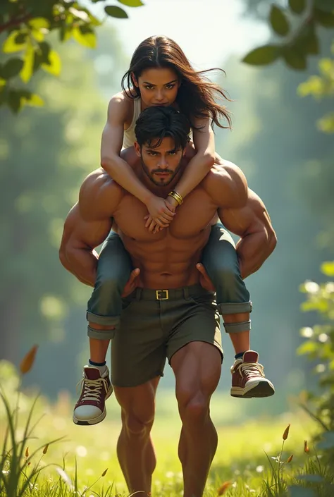 A strong girl lift up a big boy on her back