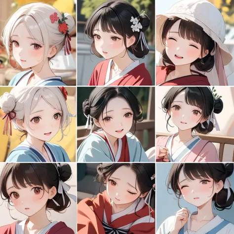 1 个Lovely的女孩，4 grids，4 emoji packs，4.Posture and expressions，sad，surprise，laughing out loud，anger，Suspect，Acting Lovely，Lovely，sleep，naughty，Hate，Hanfu、Hair Bun、Hair accessories，Black stroke，Different emotions，8K