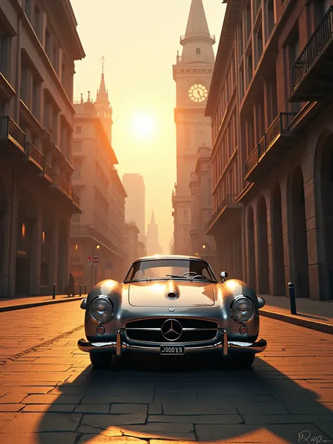 the Mercedes-Benz 300 SLR Uhlenhaut driving through an ancient yet developed city street. The scene combines historical architecture with modern elements, highlighted by the warm glow of a sunset.