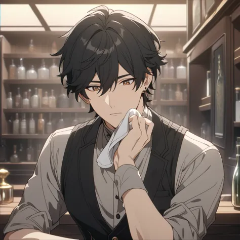 rover from wuthering waves, 1boy, wiping glass, black hair, flat hair, souma shiki hair, gold eyes, handsome face, black waistco...