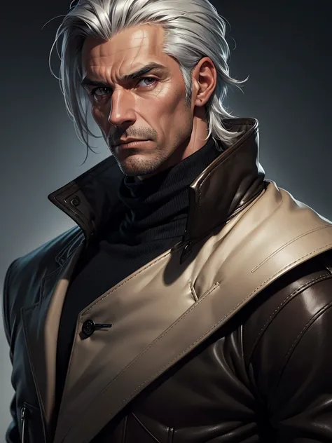 (best quality), 1boy, mature man, tanned skin, silver hair, medium hair, hair loosely combed back, brown eyes, perfect eyes, muscular, handsome, cold expression, black turtleneck, coat jacket, clean shaven face, masterpiece, anatomically correct, highres
