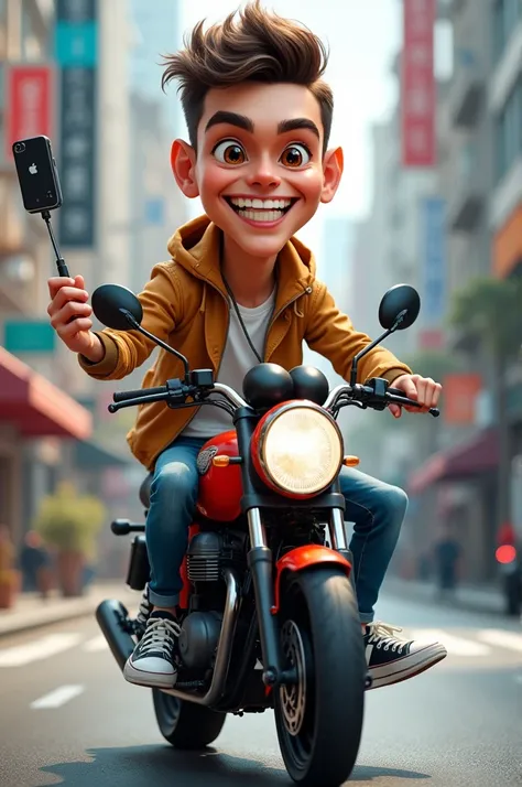 Caricature a youth man sitting on motorbike with selfie stick