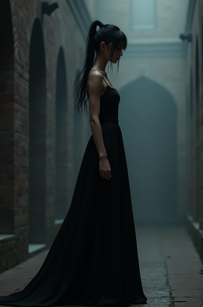 Girl in black clothes and long black hair in ponytail 