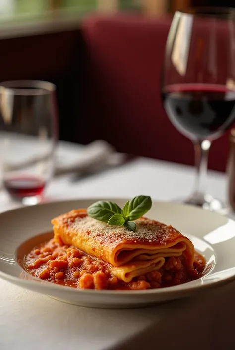 restaurant table, with a sophisticated plate of lasagna and a glass of red wine