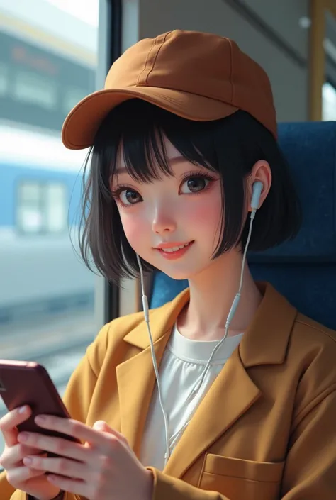 highest quality, masterpiece, Ultra-high resolution, (Realistic:1.4), (Close-up portrait) RAW Photos, 1 girl,20-year-old,((Inside the Shinkansen)),((Wireless Earphones)),((Staring at your smartphone screen)),,((Asian Fashion)),Messy Hair,((Cap Chestnut)),(...