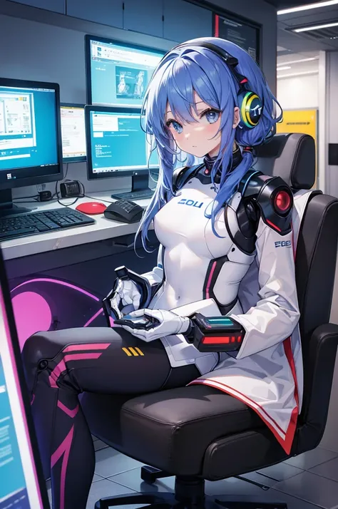 (((robot girl, solo))), (((fitting suit, colorful hair))), cool, computer room, weist
