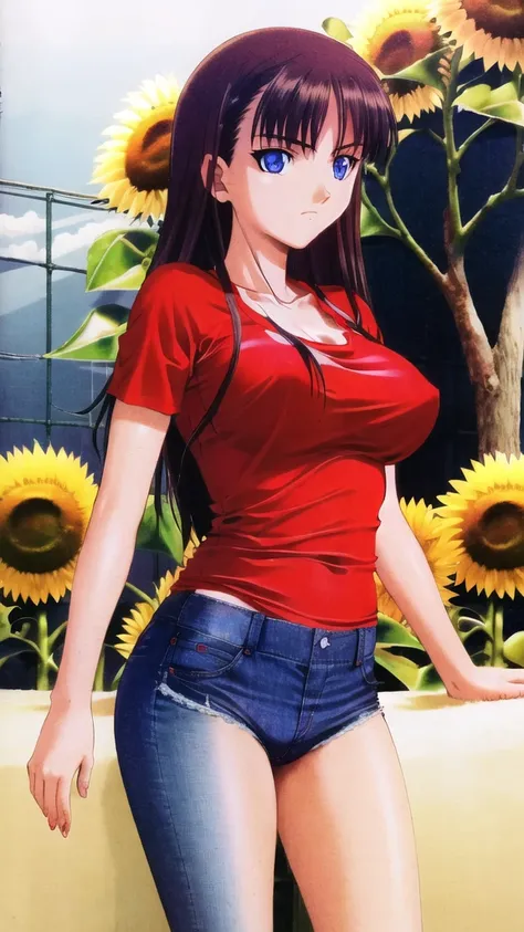 ((mizushima_asa)) (Red t-shirt, Blue Eyes, Big Breasts:1.5, short jeans), sunflower garden, masterpiece, best quality