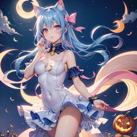 (Sky blue hair),(Medium Hair), (Pink Eyes),Fair skin) ,(whole body),(One Girl),(Crescent Moon),(There are lots of pumpkin ghosts in the background),Cat ear,Cat clothes,Cat&#39;s Tail,(If you dont give me sweets, Ill play a prank on you.),Halloween Night Pa...