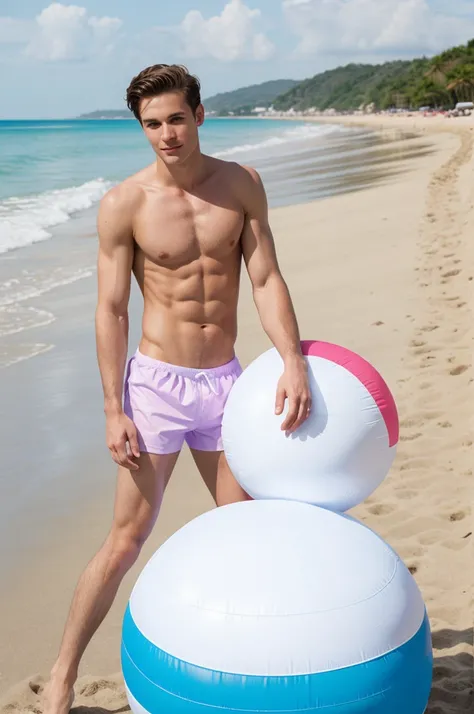 young, Beautiful, handsome, white, skinny, handsome face without a shirt, , on the beach with an inflatable ball in her hand swimsuit that is lilac colored 