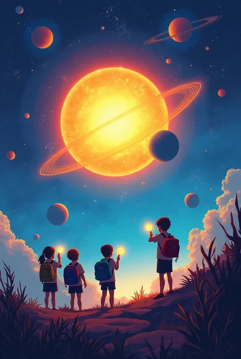  Solar system, universe, space, there is a big sun, exploration, there are school children, there are magnifying glasses, there are aliens at night.
