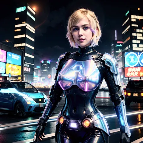 Imagine Anna, 25 years, with short blonde hair, laid out in waves. She has big blue eyes, straight nose and full lips, curved in a confident smile. Anna as Major Kusanagi, but with a unique cyberpunk twist: she wears armor, decorated with neon stripes and ...