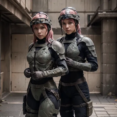 style of metal gear solid, (detailed intricate full cover tactical helmet:1.3), (pink hair), cowboy shot, dynamic pose, 1girl, solo, ray tracing, (masterpiece), (best quality), (detailed), (detailed tactical gear:1.1), (body armor:1.1), combat pants, glove...