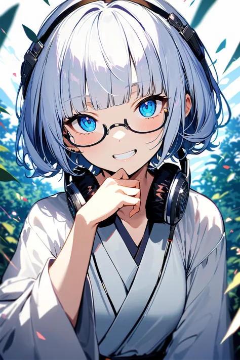 (extremely detailed fine touch:1.3), (((silver semi-rimless eyewear:1.3))), (wear silver headphones around neck:1.0), white short hair, blunt bangs, 1girl, solo, earring, narrow eyes, grin, make up, extremely detailed white kimono, white tiger, 