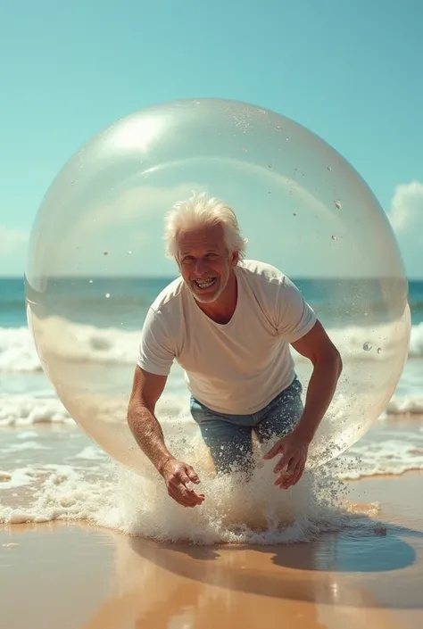 A guy in shorts and a t-shirt. White hair. Blue eyes. Rolling around inside a beach ball. 