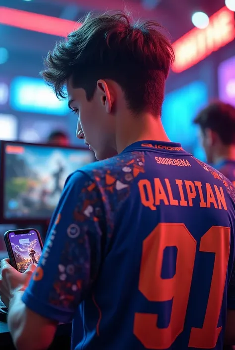 A young man mobile gamer wearing esports jersy, with a name "QaLipian" at the back.