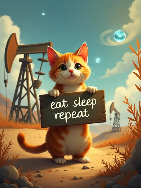 cat holds a sign that says "eat sleep repeat" and pumpjin