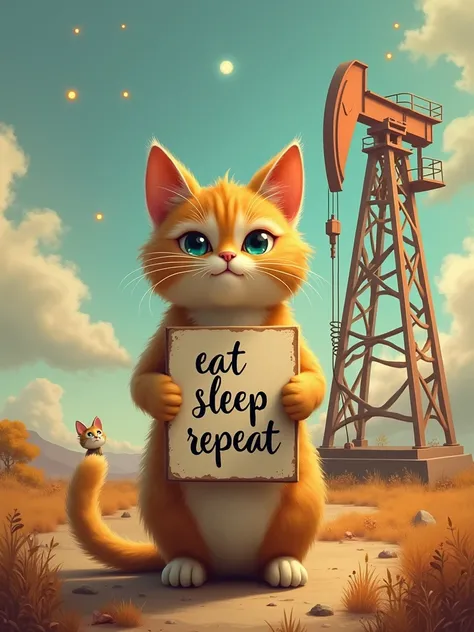 cat holds a sign that says "eat sleep repeat" and pumpjin