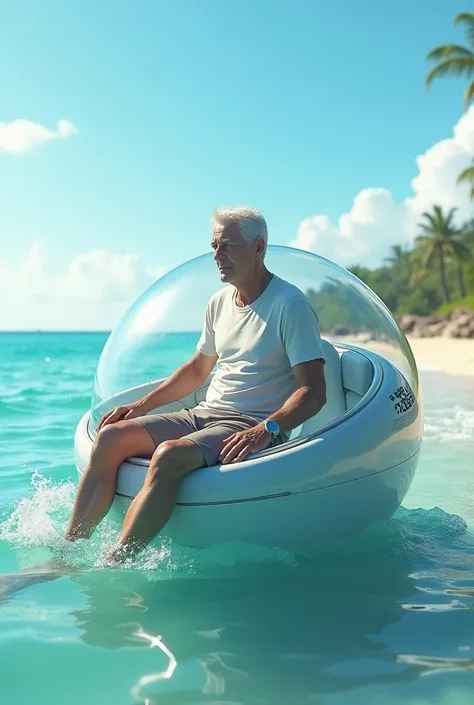 A guy in shorts and a t-shirt. White hair. Blue eyes. Rides in a water sphere on the beach 