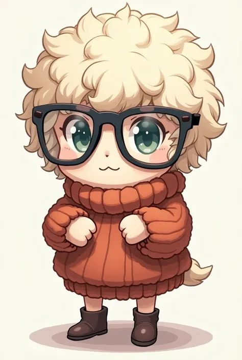 Character who is a ball of wool, just a ball of wool with glasses, transparent lenses, anime style cup head, a pixel species, sketch, knitting a sweater, ball of wool knitting a sweater